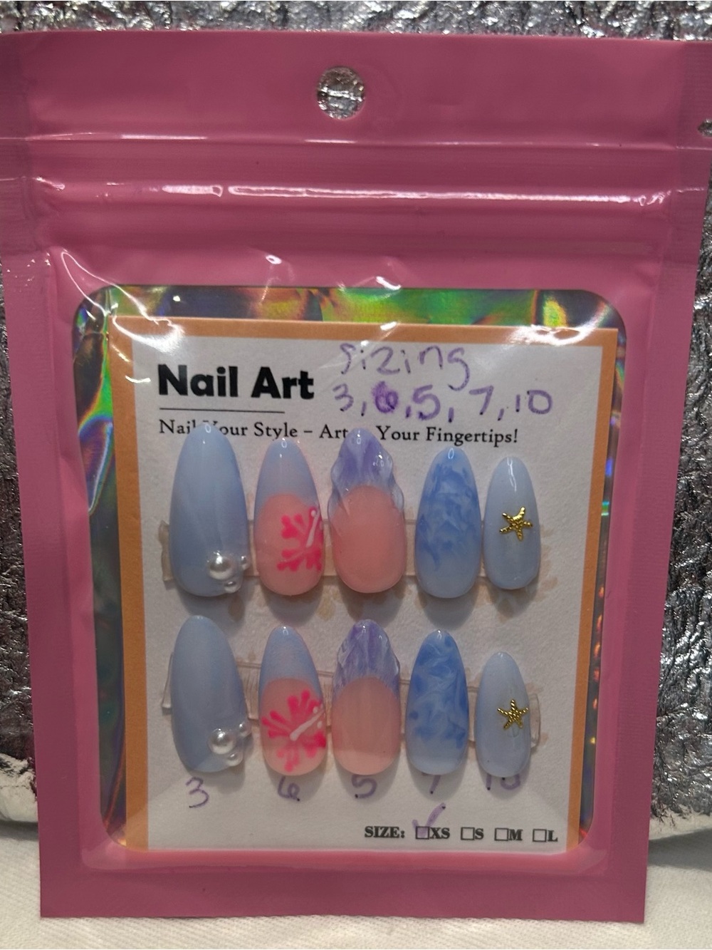 Hand Painted Press-On Nail Set — Periwinkles & Stars